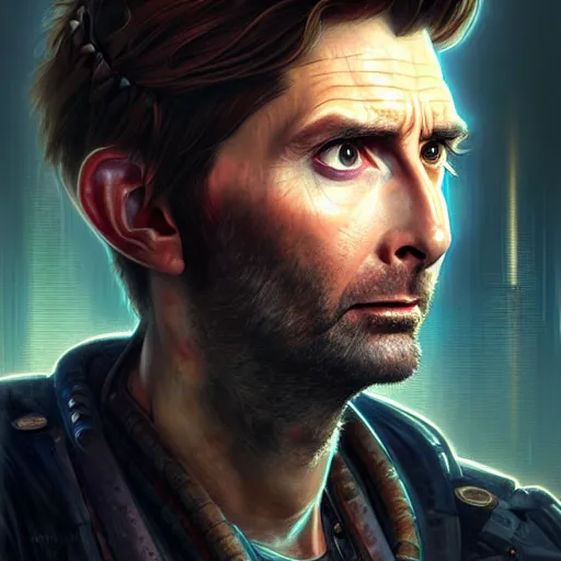 Image similar to portrait painting of a cyberpunk dwarven mechanic david tennant, ultra realistic, concept art, intricate details, eerie, highly detailed, photorealistic, octane render, 8 k, unreal engine. art by artgerm and greg rutkowski and charlie bowater and magali villeneuve and alphonse mucha