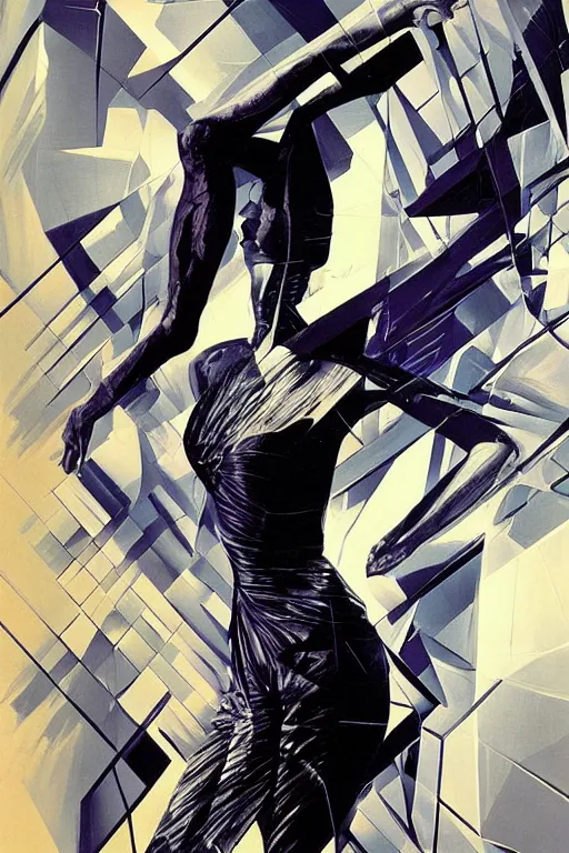 Prompt: wideangle portrait, a wild beautiful ballet dancer tangled in tensor fields, madness, decoherence, synthwave, glitch!!, fractured reality, vortex, realistic, hyperdetailed, concept art, art by syd mead, cubism