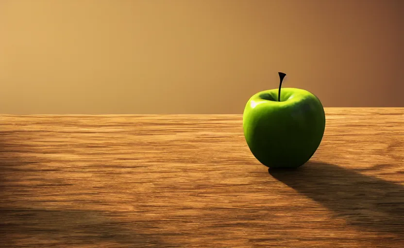 Image similar to a macro photo of a green apple on a wooden table at sunrise, hyperrealistic, some trees in the background, dof, octane render, unreal engine 5, trending on artstation, high quality, highly detailed, 8 k, soft lighting, path traced, beautiful, harmonious, complementary colors, serene scene, bloom, godrays, concept art