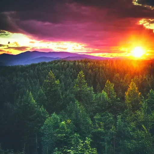Image similar to sunset above forest, beautiful landscape, high detail, instagram photo, professional dslr photo, creative composition, beautiful composition