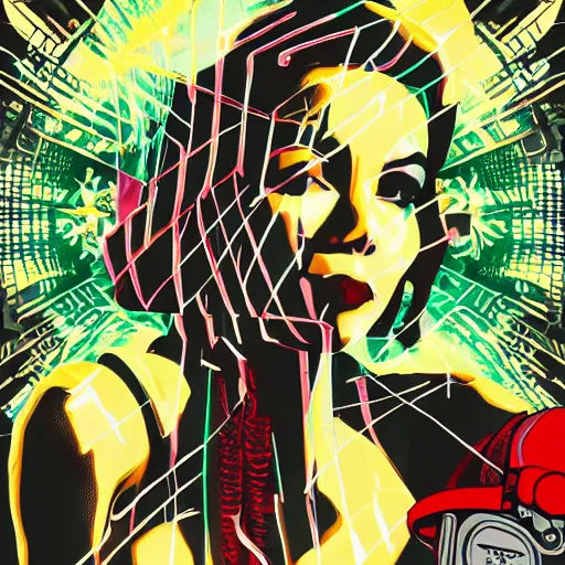 Image similar to Illustrated by Shepard Fairey and H.R. Geiger | Cyberpunk Marilyn Monroe with VR helmet, surrounded by cables