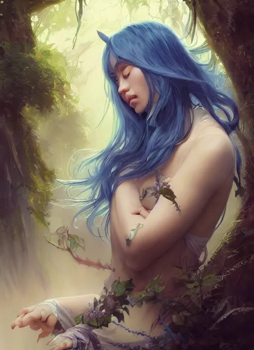 Image similar to stunningly beautiful female blue hair, dj sura face, fantasy art, fae priestess, lush forest landscape, dark light night, sharp focus, digital painting, 8 k, concept art, art by wlop, artgerm, greg rutkowski and alphonse mucha