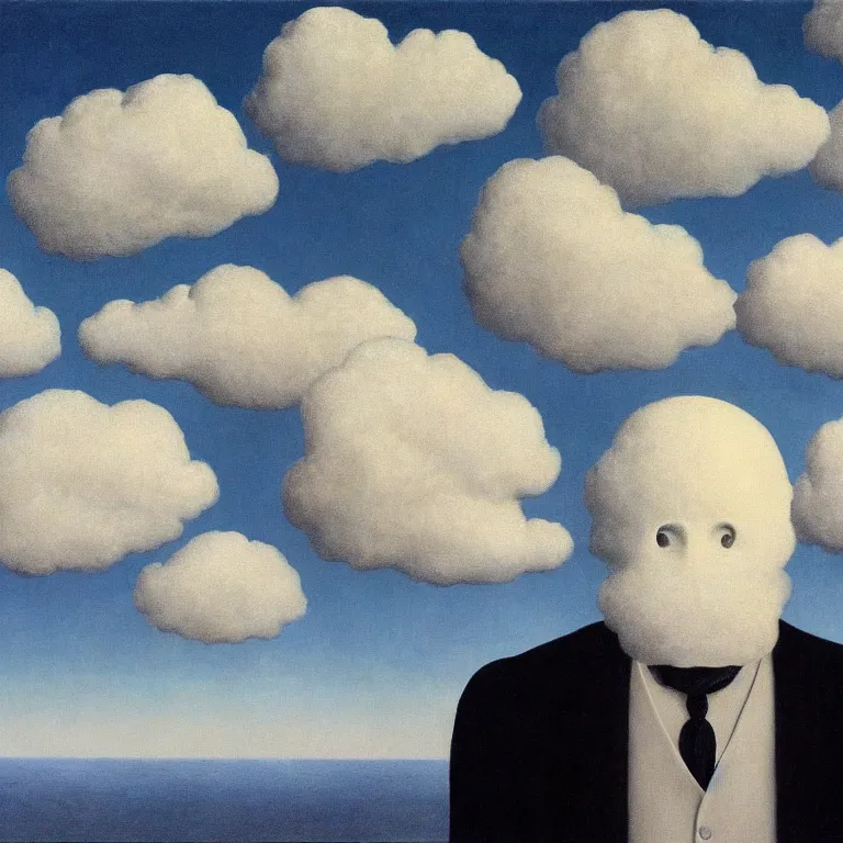 Prompt: portrait of a spooky ghost, clouds in the background, by rene magritte, detailed painting, distance, middle centered, hd, hq, high resolution, high detail, 4 k, 8 k