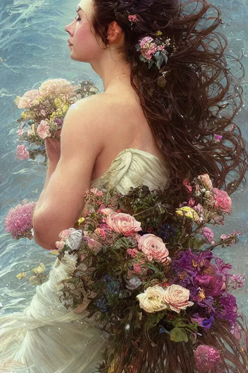 Image similar to portrait of a beautiful mysterious woman holding a large bouquet of flowing flowers, wet dripping long hair, hands disappeared under the bouquet, emerging from the water, fantasy, regal, intricate, by stanley artgerm lau, greg rutkowski, thomas kindkade, alphonse mucha, loish, norman rockwell