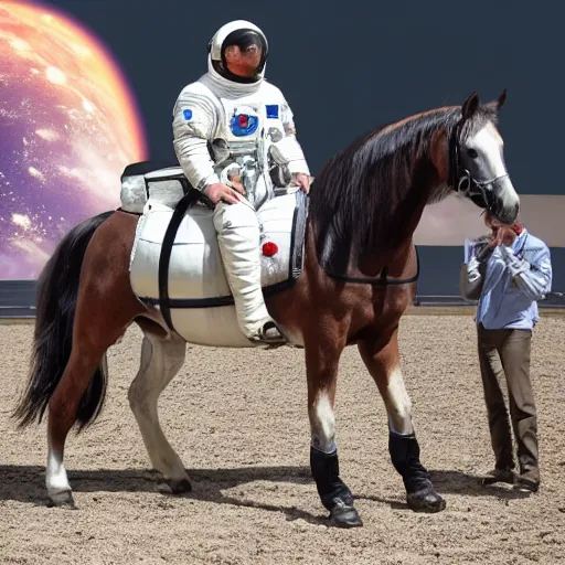 Prompt: a horse sat, saddled, on horseback, an astronaut and rides him into space