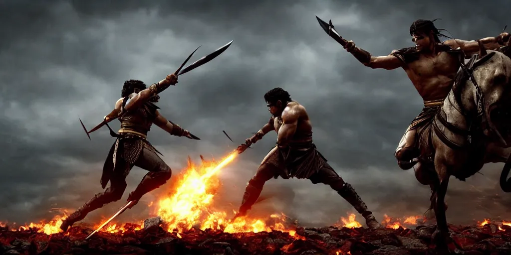 Image similar to epic battle screen of hero, film still from the movie'3 0 0'( 2 0 0 6 ), 3 d, 8 k realistic, cryengine, playstion 5 screen, cinematic lighting