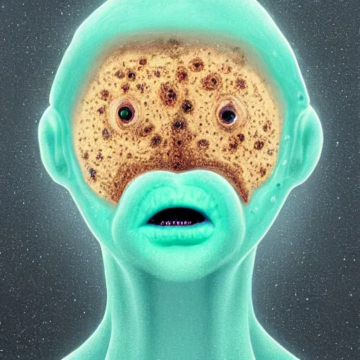 Prompt: a sentient alien from a newly discovered planet. angular jaw, open mouth, large canine teeth and it's throat is covered in spiny hairs, it's smooth bioluminescent skin is splattered by brown freckles on its cheeks, middle aged, hunter gatherer, portrait photograph, beautiful, poster, hyperrealistic