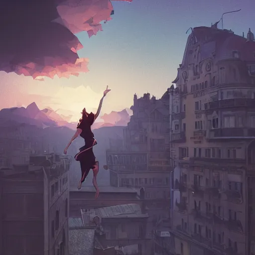 Image similar to sideways landscape photo of person jumping on the roofs, high contrast, moody sunset, late night, detailed low poly characters, by greg rutkowski, alphonse mucha, beeple, sharp focus, digital art, smooth, light refraction, pixiv art, volumetric lighting, makoto shinkai