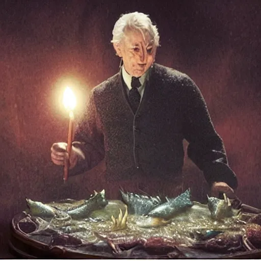 Image similar to cranbow jenkins, lord of the hambone, emerging from the mist, and now he realizes that he forgot the birthday of his mistress because he decided to go rat fishing