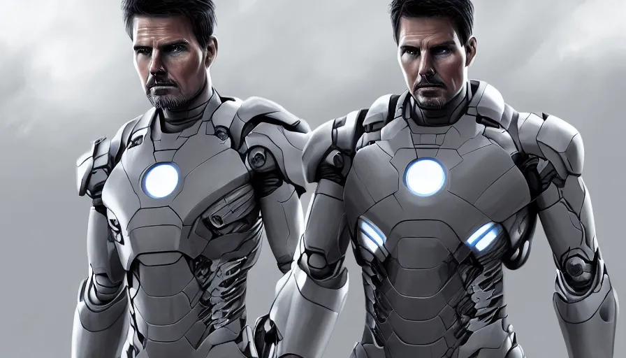 Image similar to digital painting of tom cruise in grey and white iron man suit, hyperdetailed, artstation, cgsociety, 8 k
