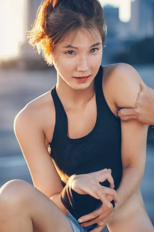 Image similar to 2 4 year old professional female model, light freckles, arms down, portrait, neck zoomed in, photo realistic, slr, golden hour, 4 k, high definition, city background