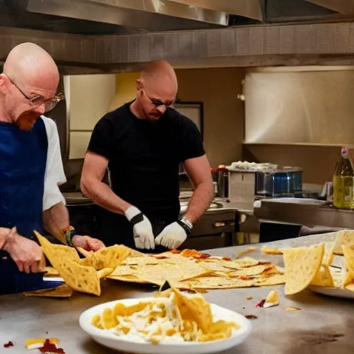 Prompt: walter white and jesse pinkman cooking nachos with nacho