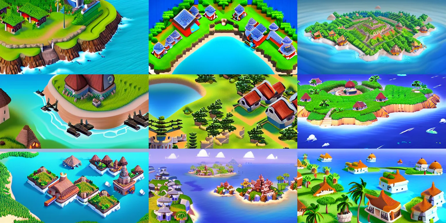 Prompt: digital painting of aerial view of village on island in the middle of the ocean, in the style of clash of clans