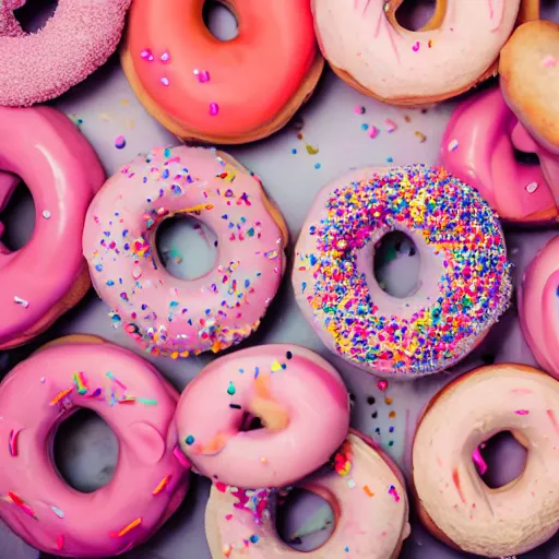 Prompt: photo of toilet filled with pink-frosted donuts and colorful sprinkles, 50mm, beautiful photo