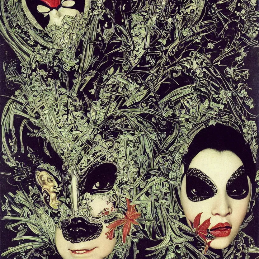 Prompt: an alien geisha mask by h. r. geiger, pulp sci - fi art for omni magazine. decorated with ornate filigree and foliage. high contrast. baroque period, oil on canvas. renaissance masterpiece.