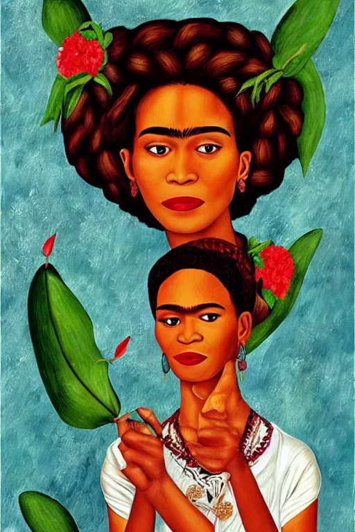 Image similar to Whitney Houston in Frida kahlo painting style