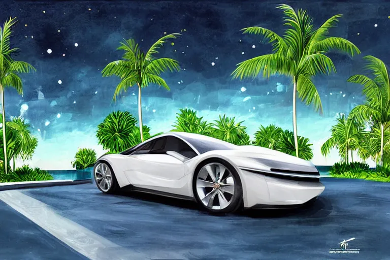 Image similar to modern chic luxurious sports car parked, with Singaporean lush garden with royal white luxurious gold colors, advanced civilization, high-end, at the Sea Of Stars of Vaadhoo Island Maldives, Bioluminescent sea plankton that shines bright blue during the night makes the sea area, glowing water, intricate, elegant, luxurious, digital painting, concept art, smooth, sharp focus, from Star Trek 2021, illustration, by WLOP and Ruan Jia and Mandy Jurgens and William-Adolphe Bouguereau, Artgerm