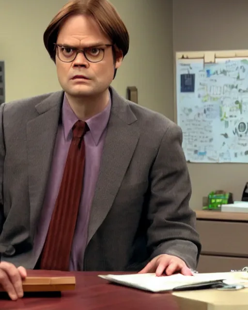 Image similar to a still if dwight schrute with brown suit as a muppet in the office. highly detailed felt. hyper real photo. 4 k.