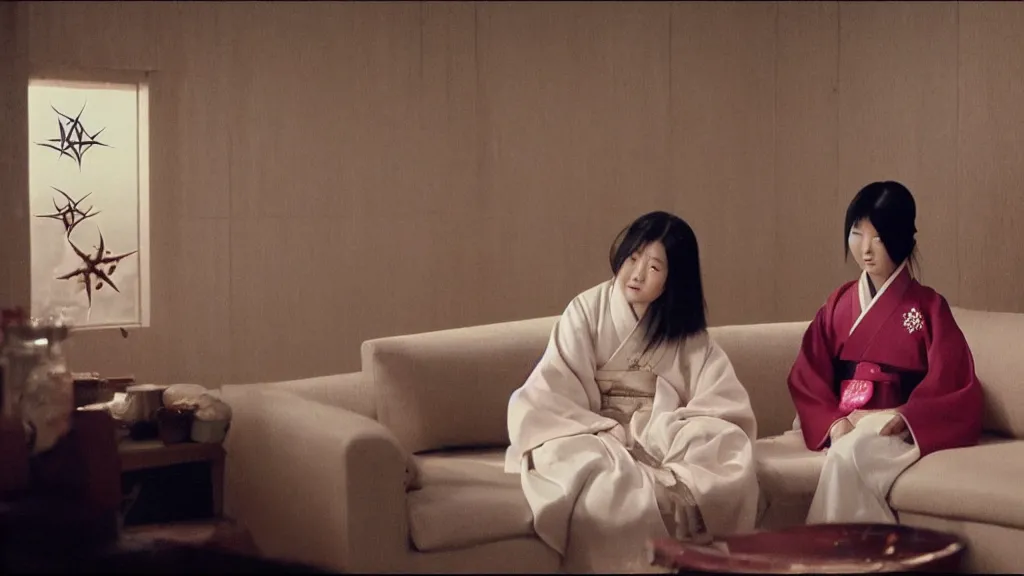 Image similar to woman in hanbok sitting on a couch, starfish monster's shadow is seen behind her, korean interior, cinematography by denis villeneuve and akira kurosawa and ishiro honda