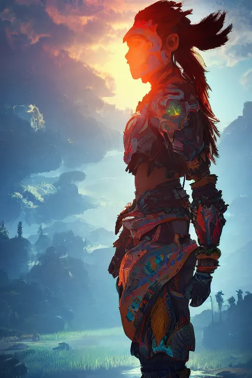 Image similar to combination suit armor aloy horizon forbidden west horizon zero dawn radiating a glowing aura global illumination ray tracing hdr fanart arstation by ian pesty and alena aenami artworks in 4 k tribal robot ninja mask helmet backpack