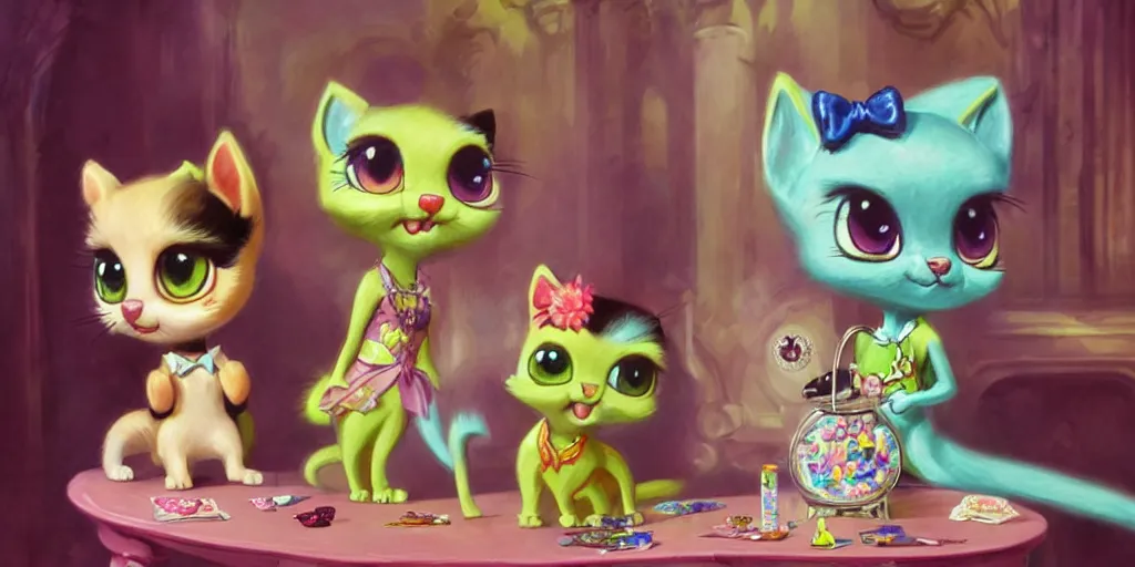 Prompt: 3 d littlest pet shop cat, vintage gothic gown, gumball machine, smiling, master painter and art style of noel coypel, art of emile eisman - semenowsky, art of edouard bisson