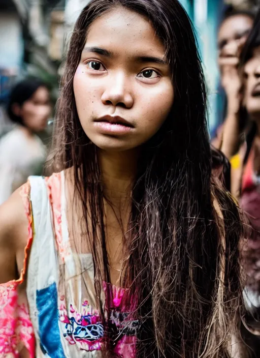 Prompt: Mid-shot portrait of a beautiful 20-years-old woman from Indonesia, with long hair, candid street portrait in the style of Martin Schoeller award winning, Sony a7R