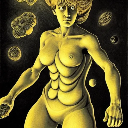 Prompt: samus aran portrait by goya and escher and hogarth, illusion surreal art, highly conceptual figurative art, intricate detailed illustration, controversial poster art, polish poster art, geometrical drawings, no blur