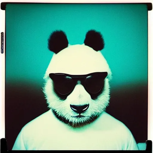 Prompt: grainy head to shoulder portrait polaroid film photograph of a panda in a mall wearing aviator shades. plain teal background with polkadots. super resolution. surreal. extremely detailed. polaroid 6 0 0 film. by annie leibovitz and richard avedon