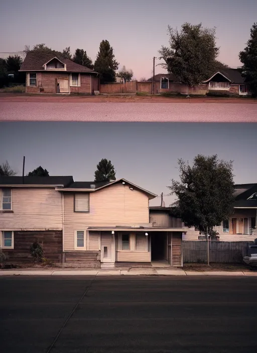 Image similar to a detailed photographic render of a 1 9 6 0 s american neighborhood during blue hour by todd hido, photoreal, 4 k, mist, rule of thirds