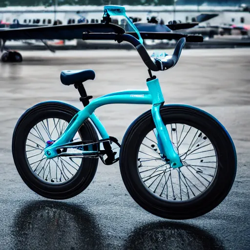 Prompt: aqua bike in the middle of an airport runway, canon eos r 3, iso 2 0 0, 1 / 1 6 0 s, 8 k, raw, unedited, symmetrical balance, in - frame