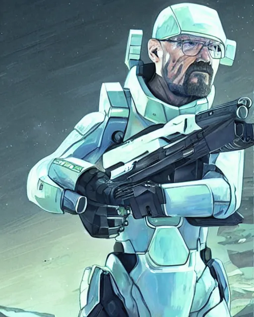 Image similar to walter white in the style of halo, art by makoto shinkai and alan bean, yukito kishiro