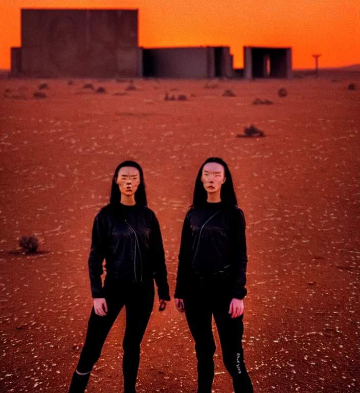 Image similar to cinestill 5 0 d 3 5 mm photographic portrait of two loving female androids wearing rugged black techwear on a desolate plain with a red sky, lizard on ground, cyberpunk style, a brutalist dark metal facility close in background, dust storm, 8 k, high resolution, f / 3. 2, ultra realistic faces