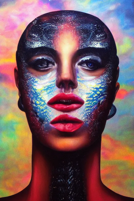 Prompt: hyperrealism oil painting, close - up portrait of face from a tangle of snakes fashion model, knight, street art gradient mixed with nebula sky, in style of baroque