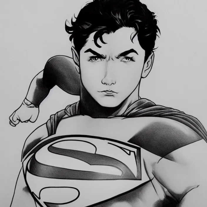 Prompt: epic beautiful ink pencil drawing of young superman cute hd cinematic portrait by alex ross and frank miller trending on flickr