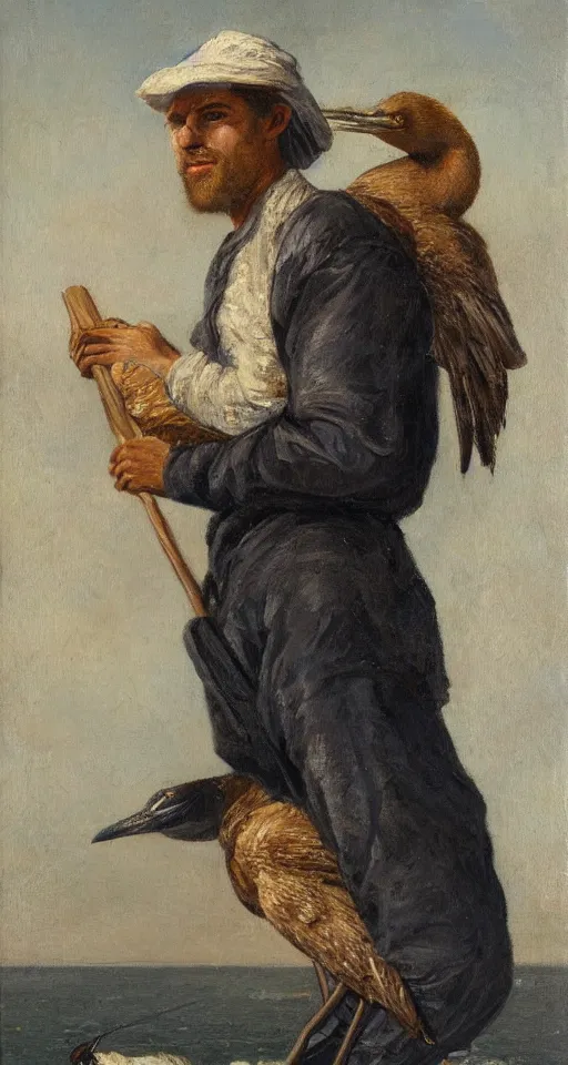 Image similar to romantic portrait painting of a fisherman with a cormorant on his shoulders, in romantic style, sfumato