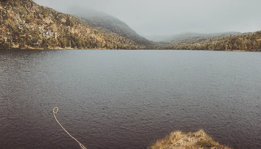 Prompt: rope floating to surface of water in the middle of the lake, overcast lake, rocky foreground, 2 4 mm leica anamorphic lens, moody scene, stunning composition, hyper detailed, color kodak film stock