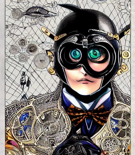 Prompt: hyper detailed comic illustration of a steampunk anime Batman wearing goggles and an intricate Victorian jacket, markings on his face, by Hayao Miyazaki intricate details, bright vibrant colors , solid background, low angle fish eye lens