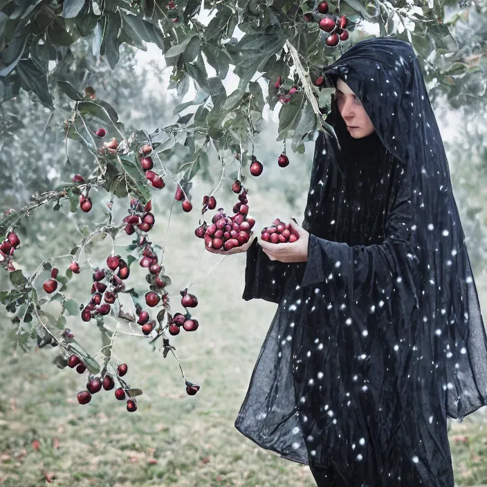 Prompt: a closeup portrait of a woman wearing a hooded cloak made of reflective mylar balloons, picking pomegranates from a tree in an orchard, foggy, moody, photograph, by vincent desiderio, canon eos c 3 0 0, ƒ 1. 8, 3 5 mm, 8 k, medium - format print