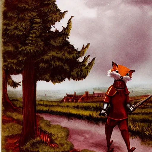 Image similar to anthropomorphic fox!! who i - s a medieval knight holding a swo - rd towards a stormy thundercloud [ 1 9 3 0 s film still ], ( castle in the background )