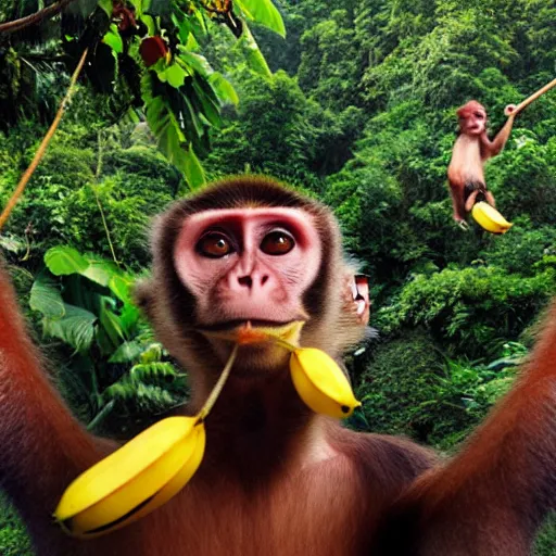 Image similar to multicolor photo of monkey juggling bananas at the jungle by steve mccurry in 4 k ultra high resolution and with dutch angle, with funny feeling