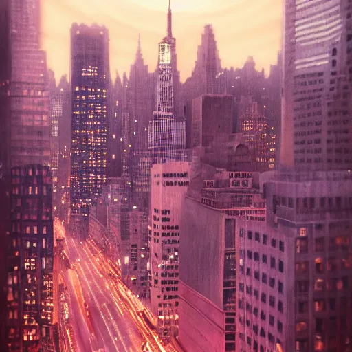 Image similar to manhattan at dusk, dim volumetric lighting, hype realistic, hdr, postprocessing, hyperdetailed, intricate, epic composition, cinematic lighting, masterpiece, trending on artstation, extraordinary artwork by nathan walsh