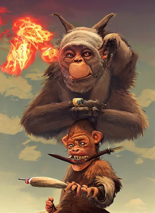 Image similar to studio ghibli pathfinder 2 e bestiary digital illustration of a goblin mixed with a monkey smoking a cigar, pirate themed, character portrait, unreal engine, hyper realism, realistic shading, cinematic composition, realistic render, octane render, detailed textures, studio lighting, photorealistic, wide shot