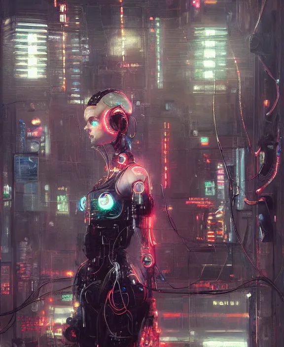Prompt: cute robot cyborg woman, many wires and neon lights exposed, metal and glowing eyes, cyberpunk, highly detailed painting by jeremy mann and cd projekt red