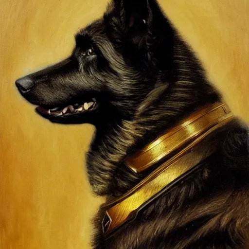Prompt: a portrait of a man black german shepard dogman canine star trek the next generation. highly detailed painting by gaston bussiere, craig mullins, j. c. leyendecker, furry