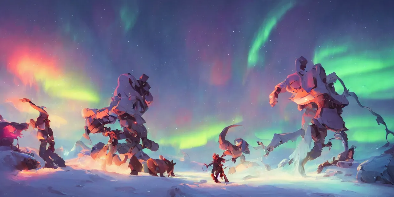 Prompt: epic showdown in blizzard, rainbow lights, aurora, behance hd artstation by jesper ejsing by rhads, makoto shinkai and lois van baarle, ilya kuvshinov, ossdraws