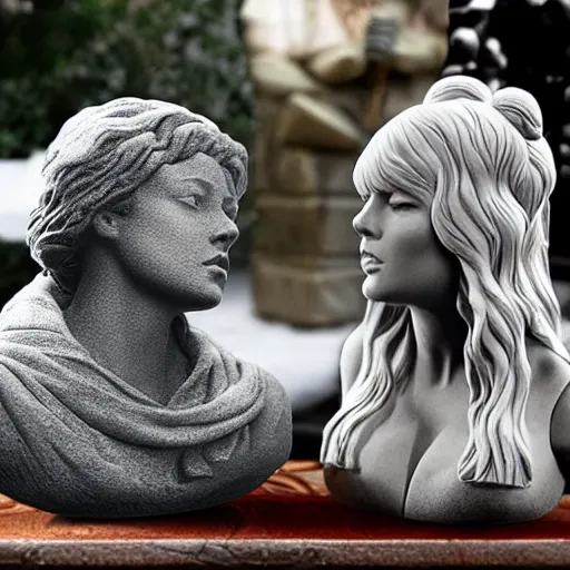 Prompt: stone sculpture of taylor swift and a stone sculpture of harry styles with a stone sculpture of adele singing