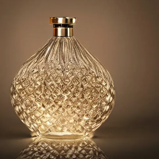 Prompt: a lamp in the shape of a perfume bottle, designed by christian dior, advertising photography, intricate details, gradient studio background, bokeh