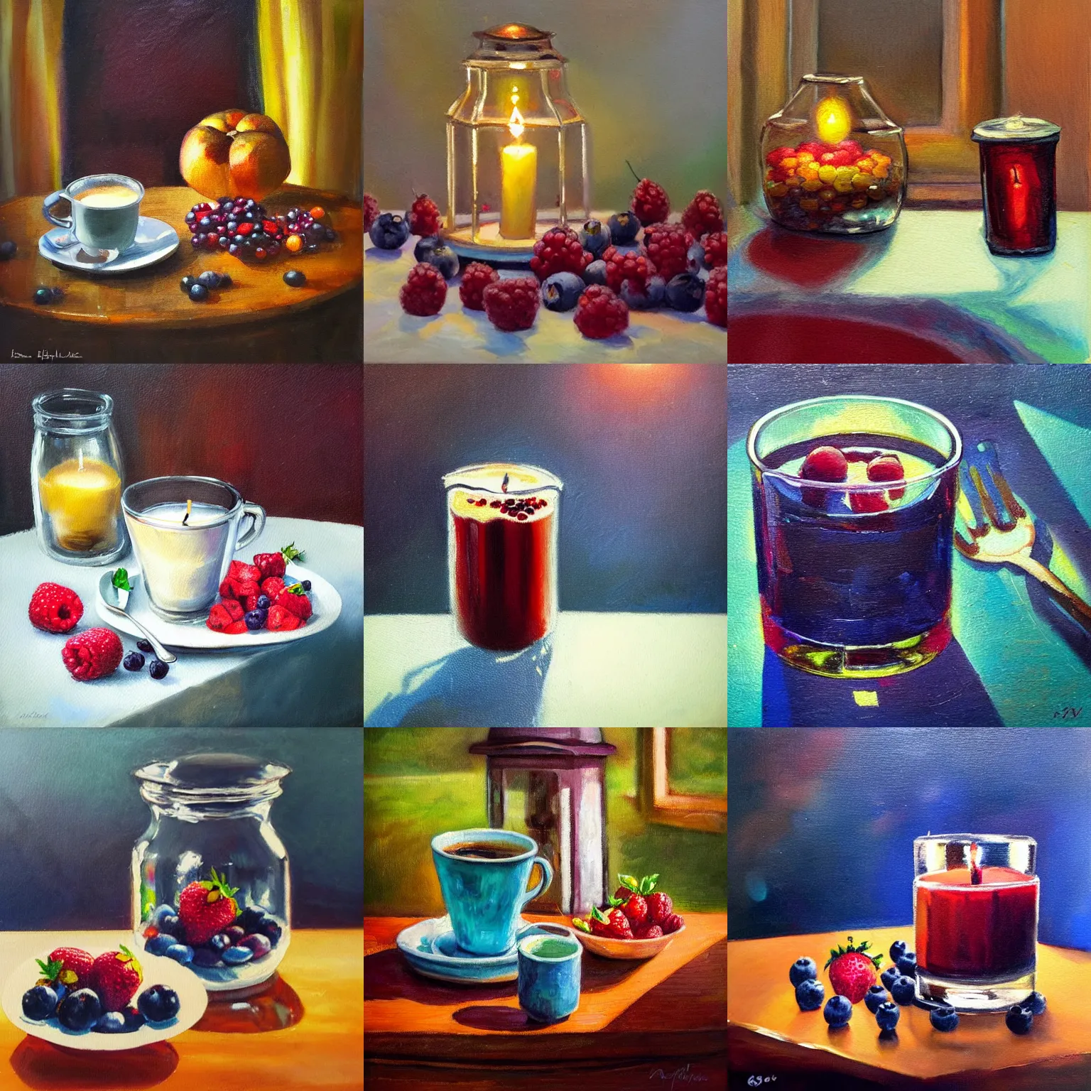 Prompt: breakfast with berries and coffee, a small candle inside a glass lantern on the side, oil painting, glassware, thick strokes, vibrant, colorful, shiny, bright, reflections, sunlit, subsurface scattering, sharp edges, hazy, field of view