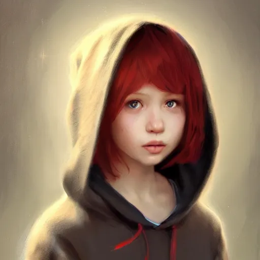 Image similar to a cute tiny girl with short red hair wearing a hoodie, digital art, very beautiful face, pretty face, very detailed eyes, full body illustration, 8 k resolution, soft painting, by greg rutkowski, wlop, rossdraws,