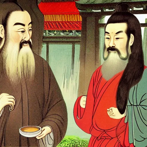 Image similar to confucius, lao tzu, jesus drinking tea in a chinese tea house, happy, smiling, fist bumping